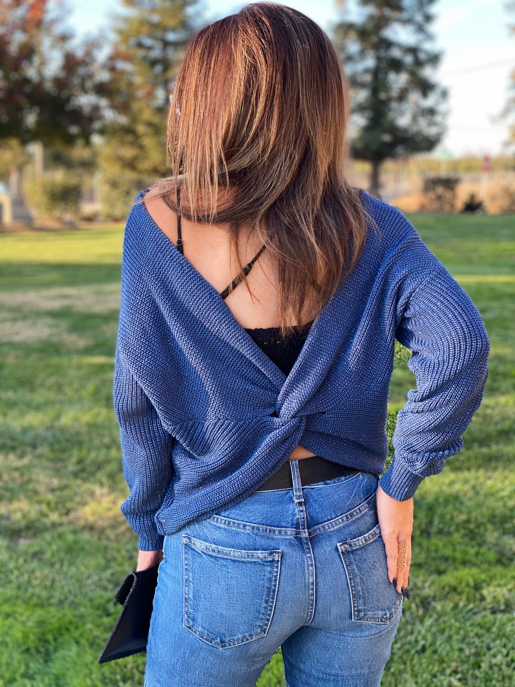 Twist in Time Open Back Sparkle Sweater