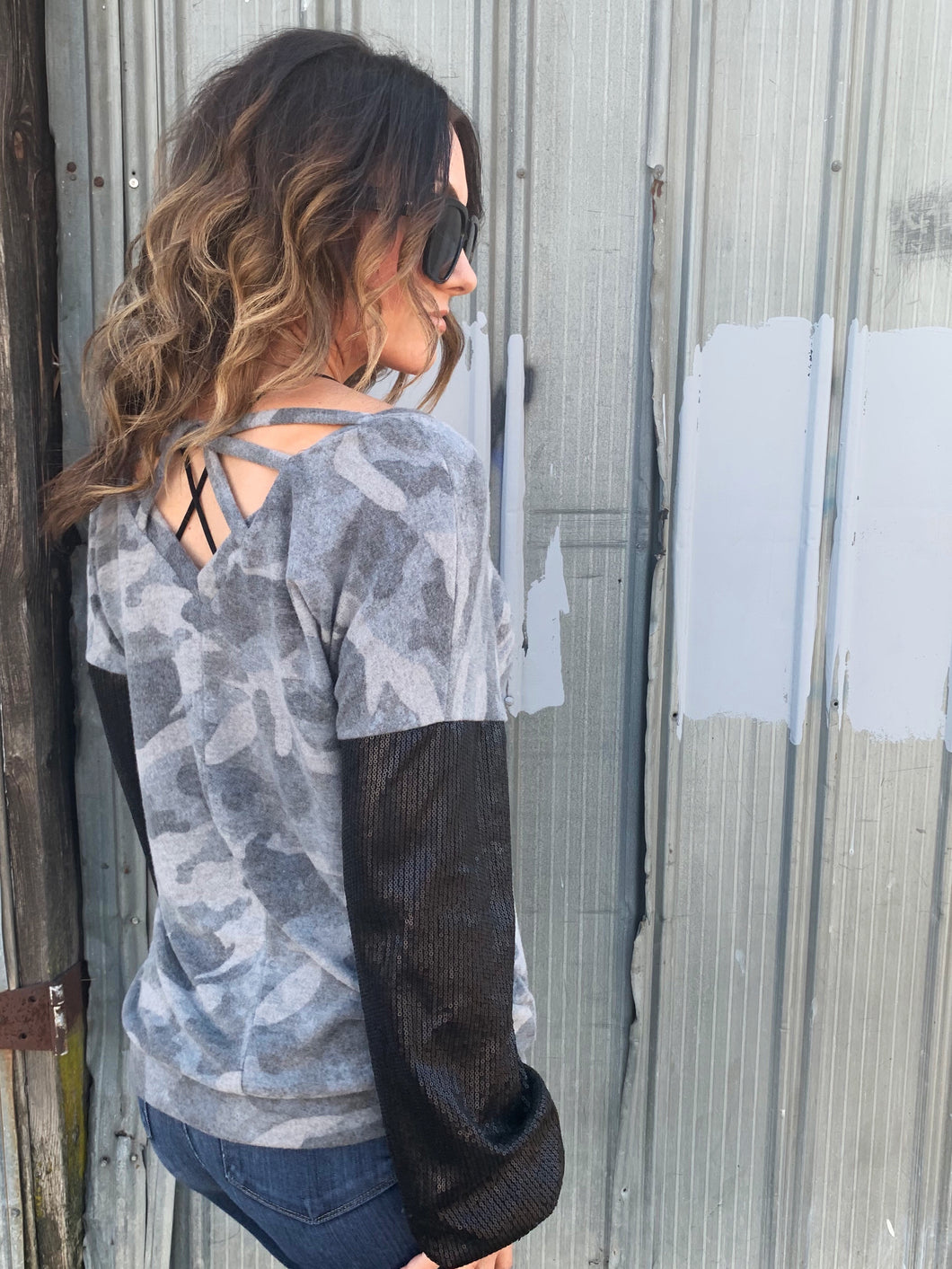 Playing for Keeps Camo & Sequin Sleeve Top