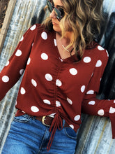 Polka Perfection Ruched Flare Sleeve Top