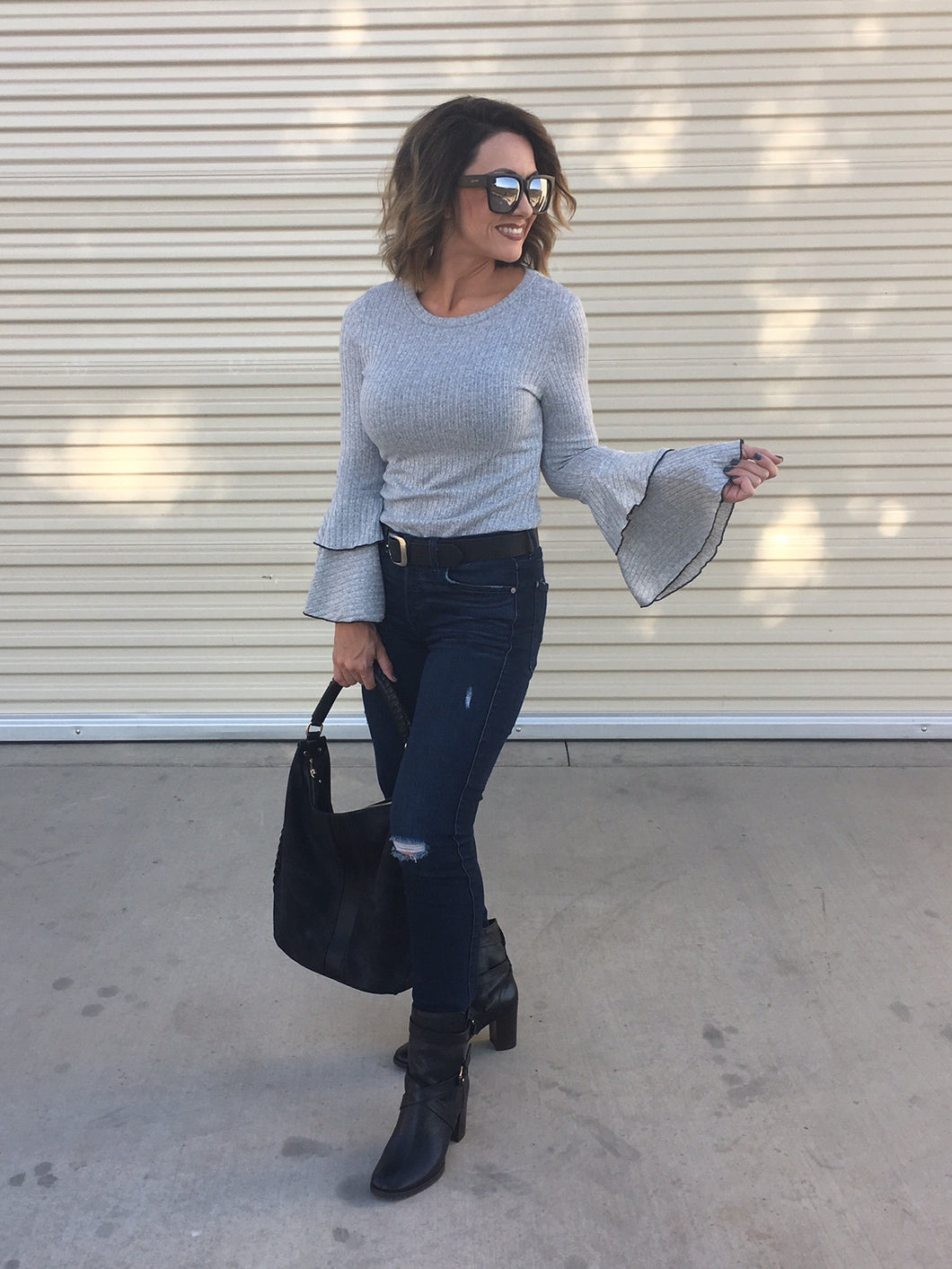 Heather Grey Ribbed Bell Sleeve Top