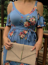 Chambray Floral V-Cut Out Cold-Shoulder Maxi