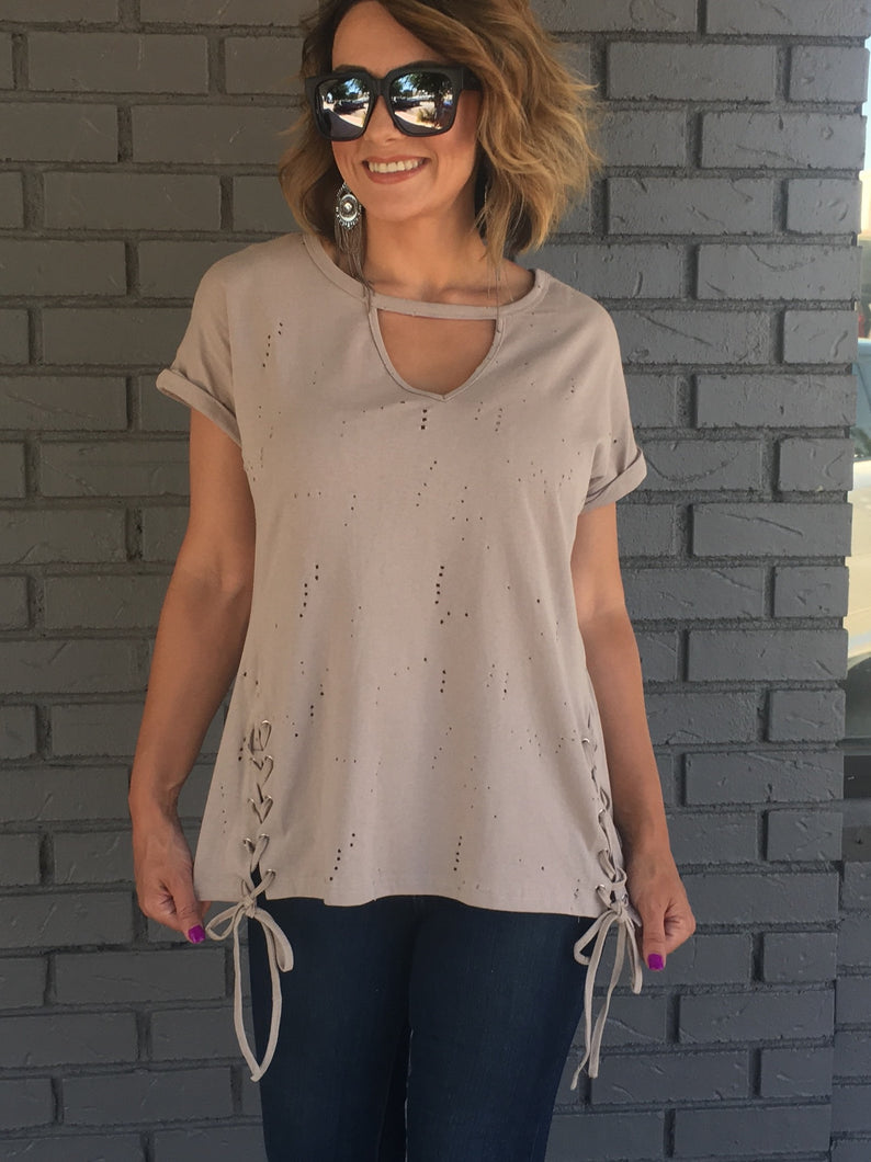 Tahoe Taupe Distressed Lace-up Tee