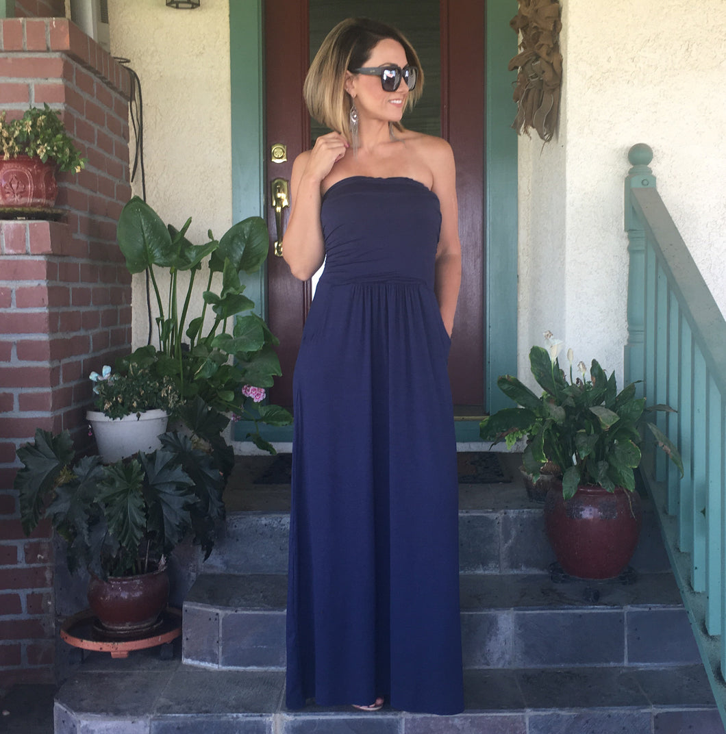 Sunset Pocketed Strapless NAVY Maxi